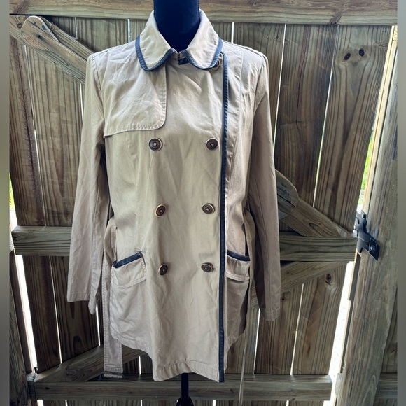 Tommy Hilfiger Tan Double Breasted Cotton Trench Coat with Faux Leather Trim L - Picture 9 of 14